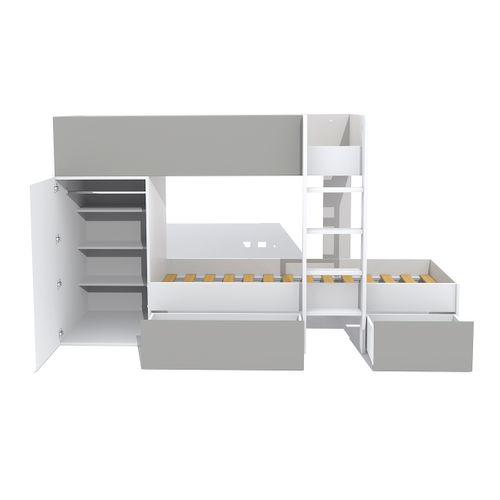 Lit Superposé 90 x 190 - Armoire - Tiroirs - Twin - Blanc Et Gris