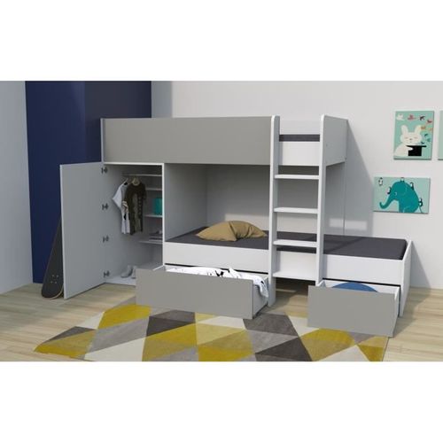 Lit Superposé 90 x 190 - Armoire - Tiroirs - Twin - Blanc Et Gris