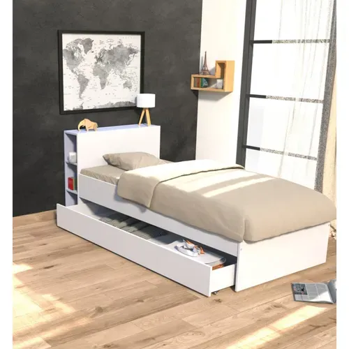 Lit 90x190 Inclus 1 Tiroir Et Étagères Fara - Blanc