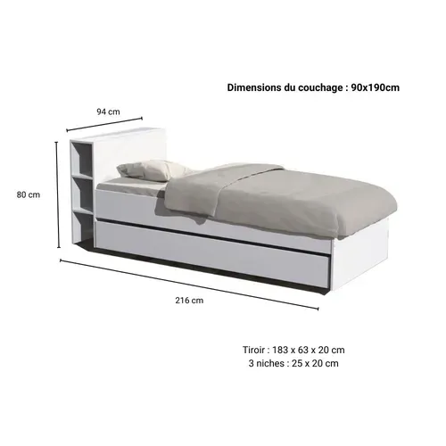 Lit 90x190 Inclus 1 Tiroir Et Étagères Fara - Blanc