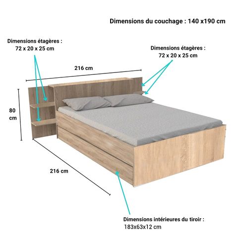 Lit City 140x190 + Tête De Lit Chevet  + 1 Tiroir /décor Chêne Blanchi