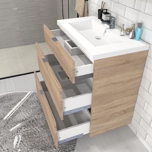 Meuble Sous-vasque 3 Tiroirs Marbella 80 Cm + Vasque / Décor Chêne Blanchi