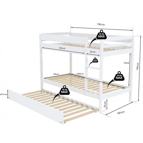 Lit Superpose Wally 90x190 + 2 Sommiers + 1 Lit Tiroir/ Blanc