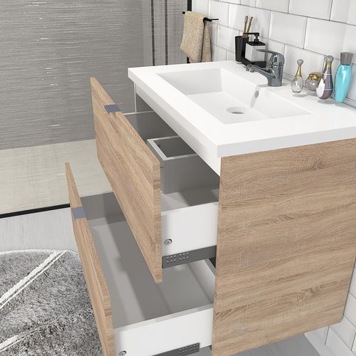 Meuble Sous Vasque Malaga 80 Cm + Vasque + Miroir + Colonne / Décor Chêne Blanchi