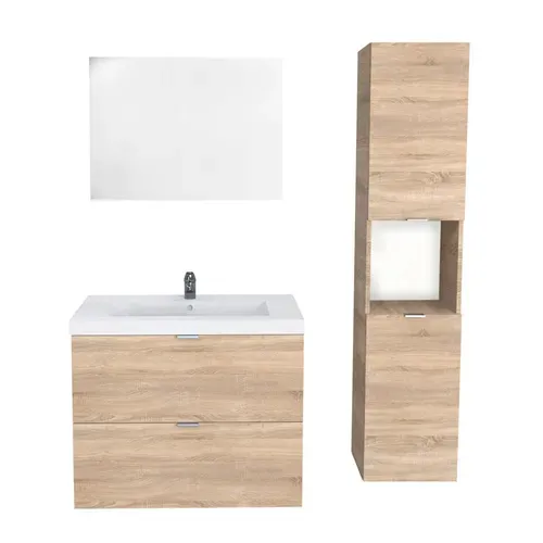 Meuble Sous Vasque Malaga 80 Cm + Vasque + Miroir + Colonne / Décor Chêne Blanchi