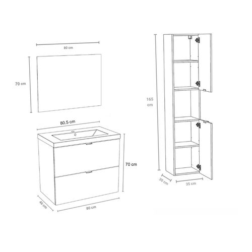 Meuble Sous Vasque Malaga 80 Cm + Vasque + Miroir + Colonne / Décor Chêne Blanchi