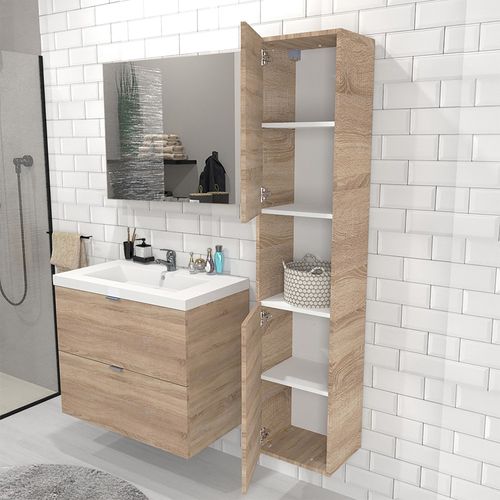Meuble Sous Vasque Malaga 80 Cm + Vasque + Miroir + Colonne / Décor Chêne Blanchi