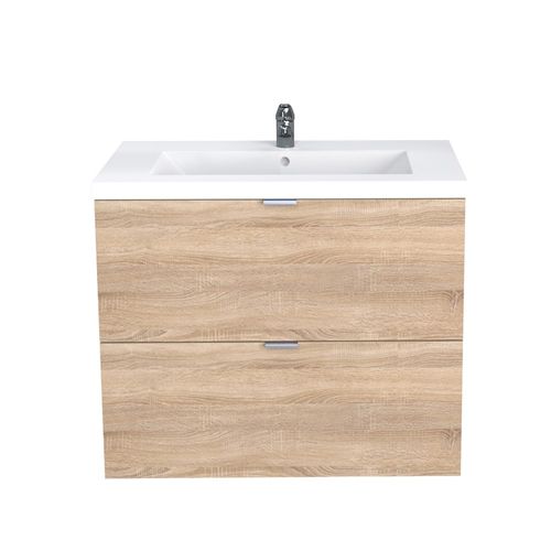 Meuble Sous Vasque Malaga 80 Cm + Vasque + Miroir + Colonne / Décor Chêne Blanchi