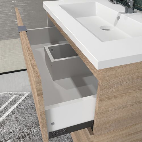 Meuble Sous Vasque Malaga 80 Cm + Vasque + Miroir + Colonne / Décor Chêne Blanchi