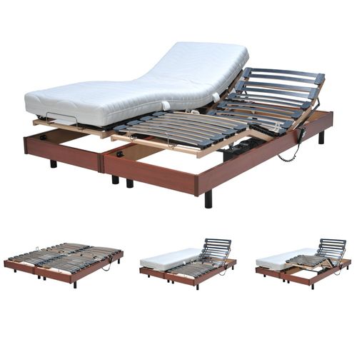 Ensemble 2 Sommiers Relaxation Électrique Flexpur 80x200 + 2 Matelas Mémoire De Forme / Merisier