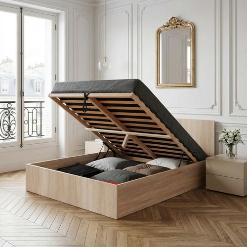 Lit Coffre Madrid 180x200 + 1 Sommier / Décor Chêne Blanchi