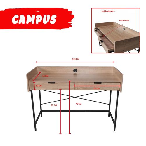 Bureau Campus 123x54cm / Décor Chêne Blanchi Et Métal Noir