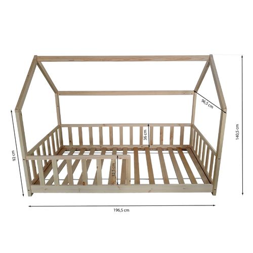 Lit Cabane Kiwi 90x190 + 1 Sommier + Barrière /naturel
