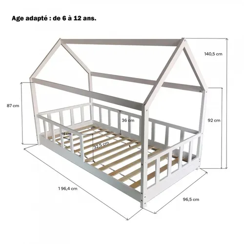 Lit Cabane Kiwi 90x190 + 1 Sommier + Barrière /blanc