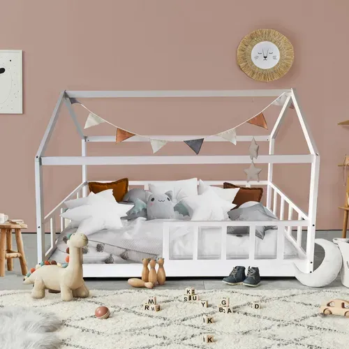 Lit Cabane Kiwi 90x190 + 1 Sommier + Barrière /blanc