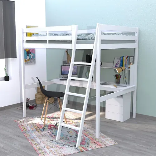 Lit Mezzanine Studio 140x190 + 1 Sommier + Caisson 3 Tiroirs + Bureau + étagère / Blanc