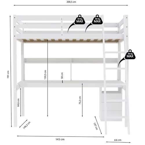 Lit Mezzanine Studio 140x190 + 1 Sommier + Caisson 3 Tiroirs + Bureau + étagère / Blanc
