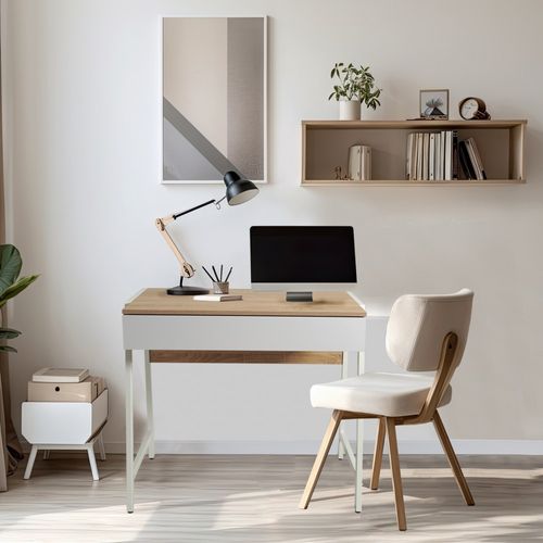 Bureau Pollux 80 X 48 Cm/ Décor Chêne Blanchi Et Métal Blanc