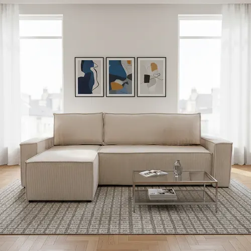 Canapé D'angle Convertible Avec Coffre Elise En Velours Côtelé - Angle Droit / Beige