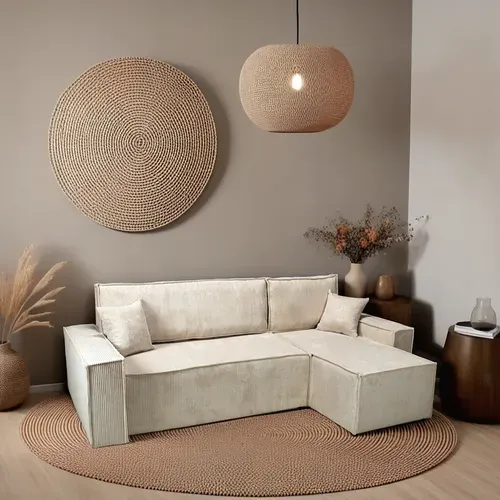 Canapé D'angle Convertible Avec Coffre Elise En Velours Côtelé - Angle Droit / Beige