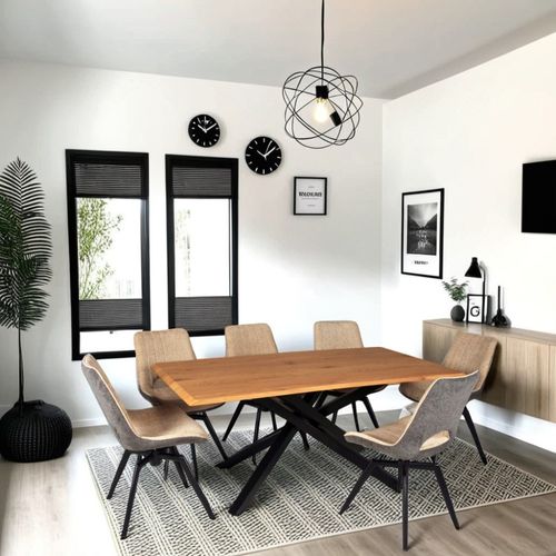 Table à Manger Montana 180x90 Cm- 8 Personnes/ Plateau Décor Chêne Et Pieds Métal Noir