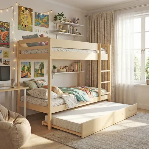 Lit Superpose Wally 90x190 + 2 Sommiers + 1 Lit Tiroir/ Naturel