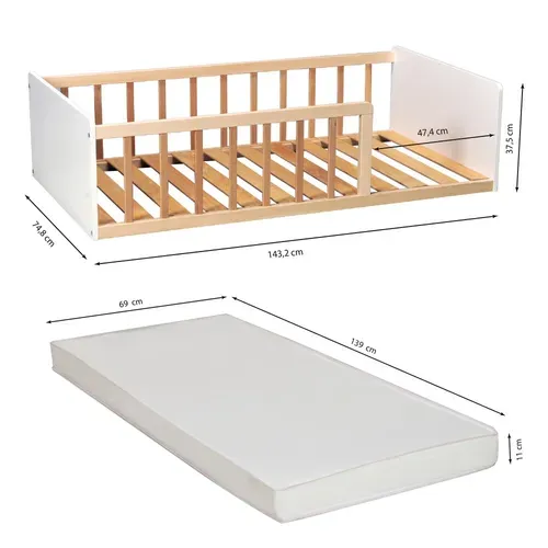 Lit 70x140 Pilou Avec Sommier Et Matelas/ Blanc Et Naturel