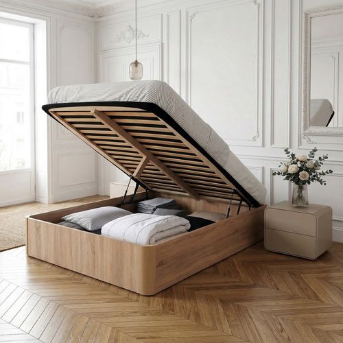 Lit Coffre Spiro 180x200cm + 1 Sommier / Décor Chêne Blanchi