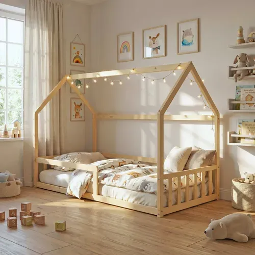 Lit Cabane Nemo 90x190 + 1 Sommier + Barrière /naturel