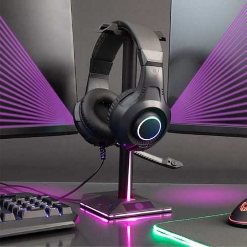 Support Casque Gamer Tea284 Avec Hub 2 Ports - LED Rgb 10 Modes - Entrée Casque Jack 3,5 Mm