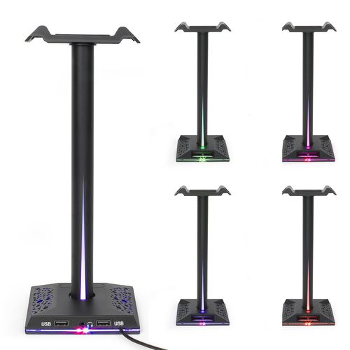 Support Casque Gamer Tea284 Avec Hub 2 Ports - LED Rgb 10 Modes - Entrée Casque Jack 3,5 Mm