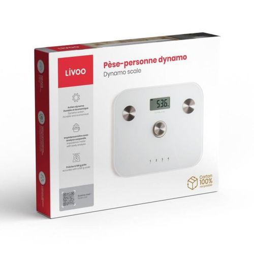 Pèse-personne Impédancemètre Dynamo Sans Pile 150 Kg LCD - Blanc