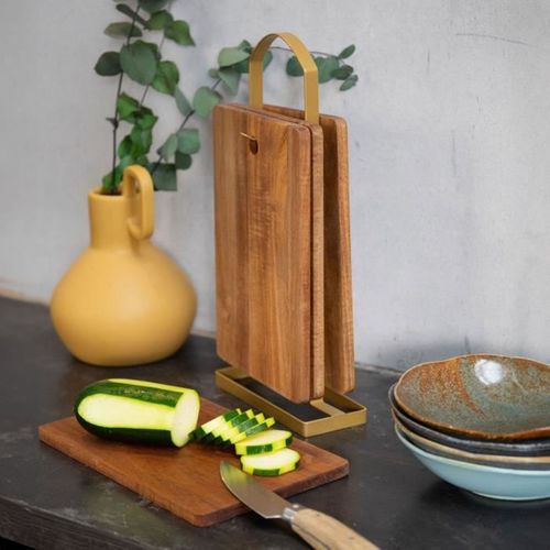 Set De 4 Planches à Découper En Acacia 22 X 14 Cm Avec Support Métallique