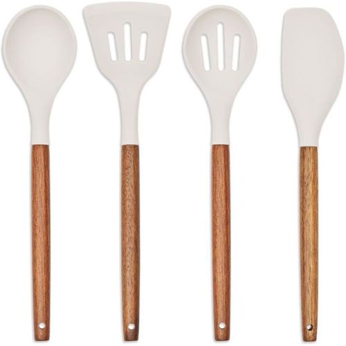 Set 4 Ustensiles 31 Cm Silicone, Manches Acacia Fsc Avec Pot Cylindrique