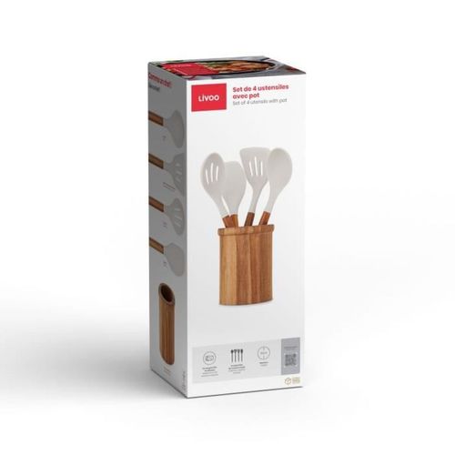 Set 4 Ustensiles 31 Cm Silicone, Manches Acacia Fsc Avec Pot Cylindrique