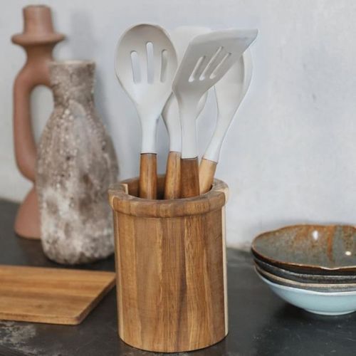 Set 4 Ustensiles 31 Cm Silicone, Manches Acacia Fsc Avec Pot Cylindrique