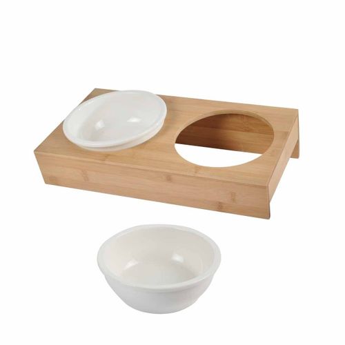 Lot De 2 Gamelles Chien et Chat "bambou" 37cm Blanc