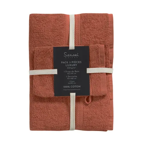 Ensemble De Bain 3 Pièces (1 Drap De Bain + 1 Serviette De Toilette + 1 Gant)   Terracota Luxury