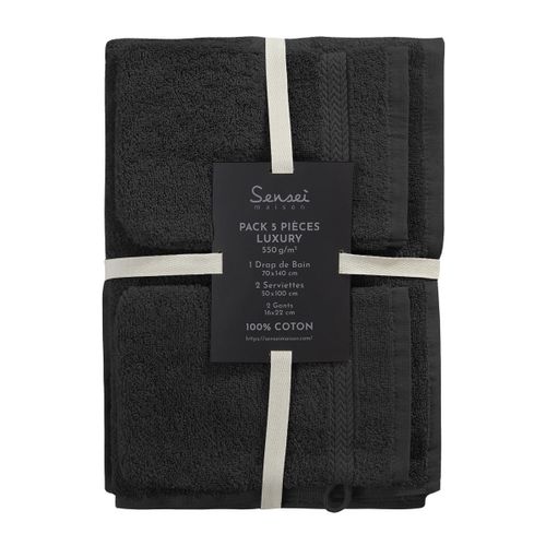 Ensemble De Bain 5 Pièces (1 Drap De Bain + 2 Serviettes De Toilette + 2 Gants) Noir Luxury