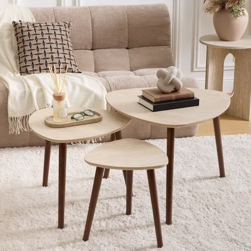 Tables basses gigognes MILEO Imitation noyer et travertin vue d'ambiance 1