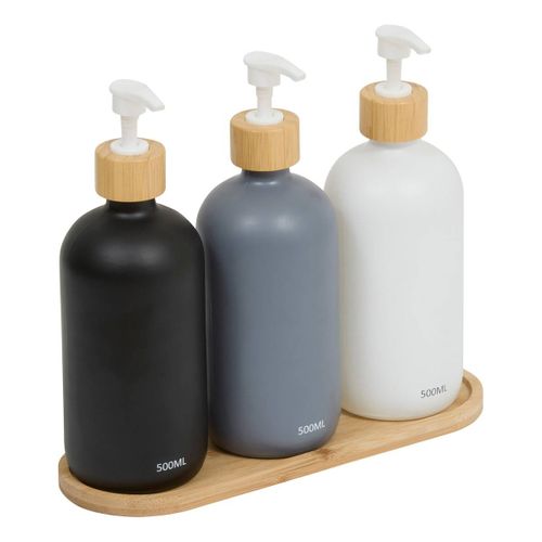 Lot De 3 Distributeurs De Savon 500 Ml Avec Plateau Bambou