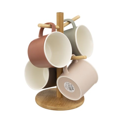 Lot De 4 Mugs En Porcelaine Sur Rack En Bambou