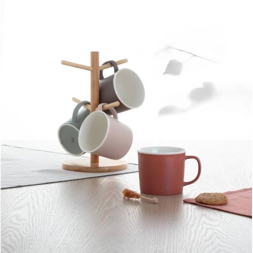 Lot De 4 Mugs En Porcelaine Sur Rack En Bambou