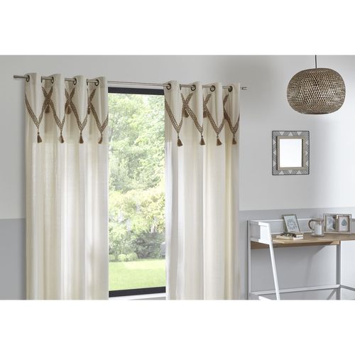 Rideau Carmen À Pompons En Jute - 140 Cm X 260 Cm - Beige