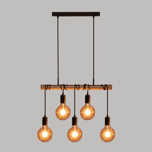 Luminaire Suspension 5 Lampes En Métal Noir Et Bois De Pin L 60 Cm