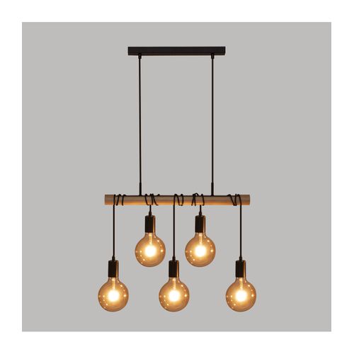 Luminaire Suspension 5 Lampes En Métal Noir Et Bois De Pin L 60 Cm