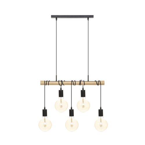 Luminaire Suspension 5 Lampes En Métal Noir Et Bois De Pin L 60 Cm