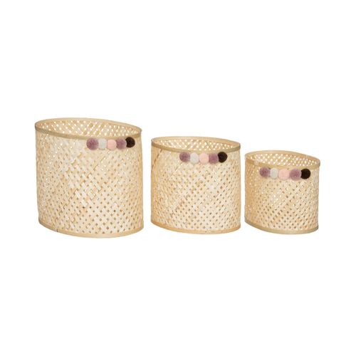 Lot De 3 Paniers De Rangement En Bambou Avec Pompons Pour Chambre D'enfant