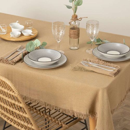 Grande Nappe 100% Lin Motif Jardin Imaginaire, Tons Argenté Et Orange