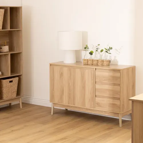Buffet 120 cm 3 tiroirs ABANA effet chêne naturel vue d'ambiance 1